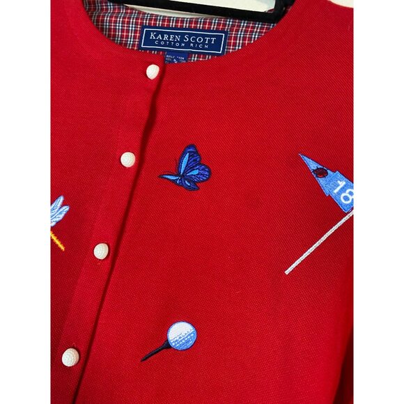 Karen Scott Red Golf Button Up Cardigan Medium Novelty Embroidered Long sleeve - Picture 11 of 16